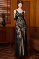 Load image into Gallery viewer, Sparkly Black Apricot Spaghetti Straps Mermaid Long Flapper Dress