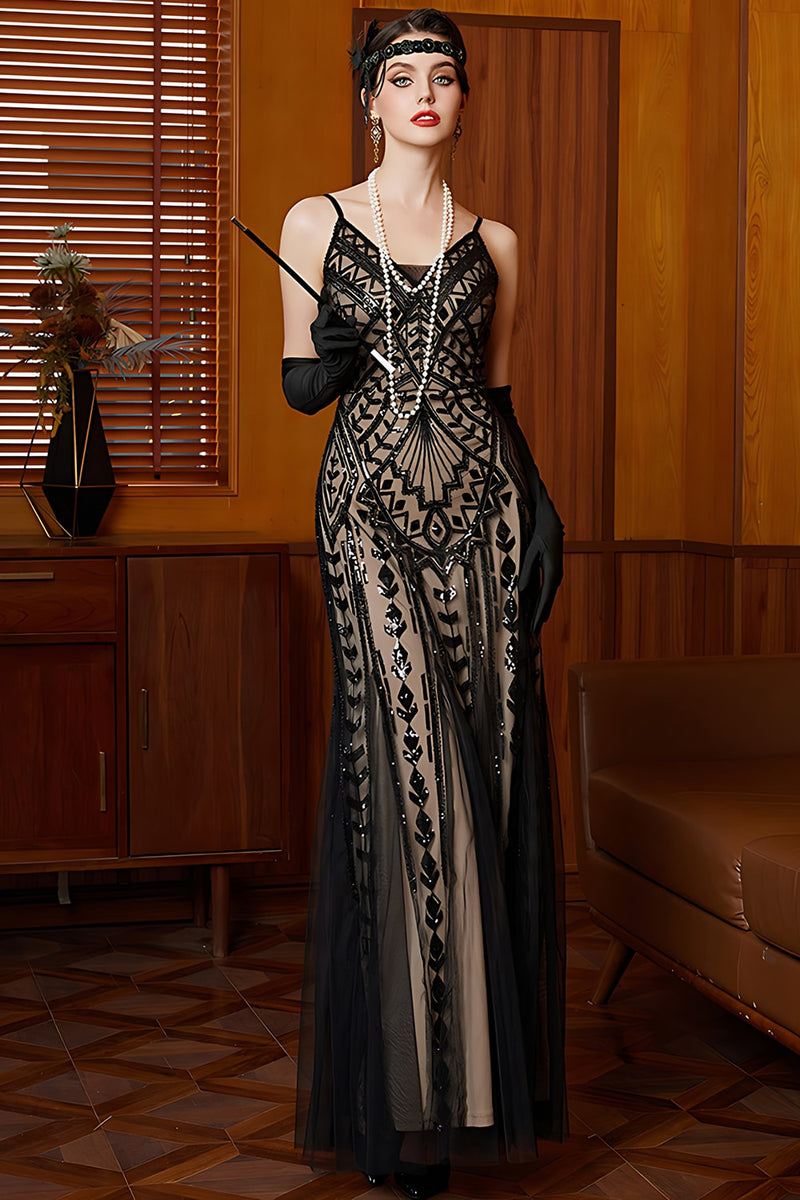 Load image into Gallery viewer, Sparkly Black Apricot Spaghetti Straps Mermaid Long Flapper Dress