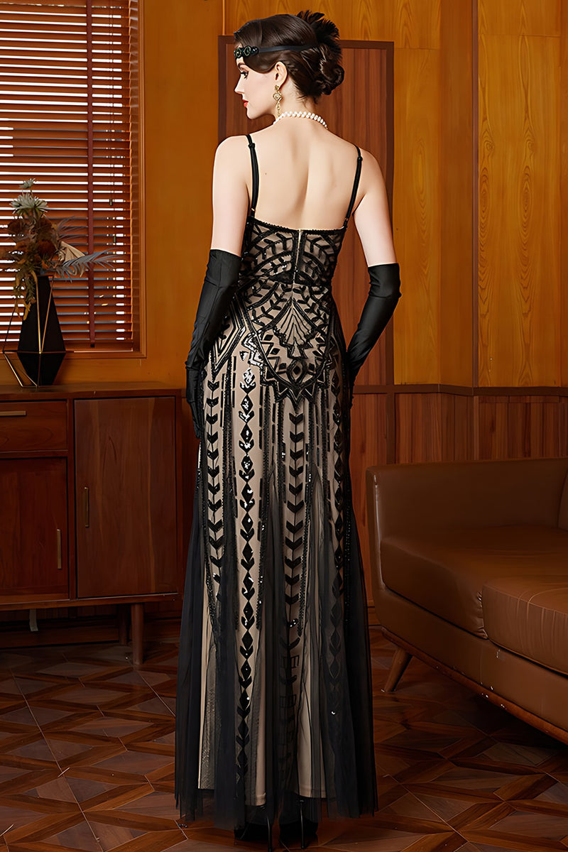 Load image into Gallery viewer, Sparkly Black Apricot Spaghetti Straps Mermaid Long Flapper Dress