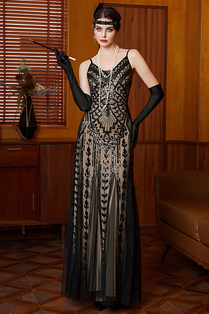 Load image into Gallery viewer, Sparkly Black Apricot Spaghetti Straps Mermaid Long Flapper Dress