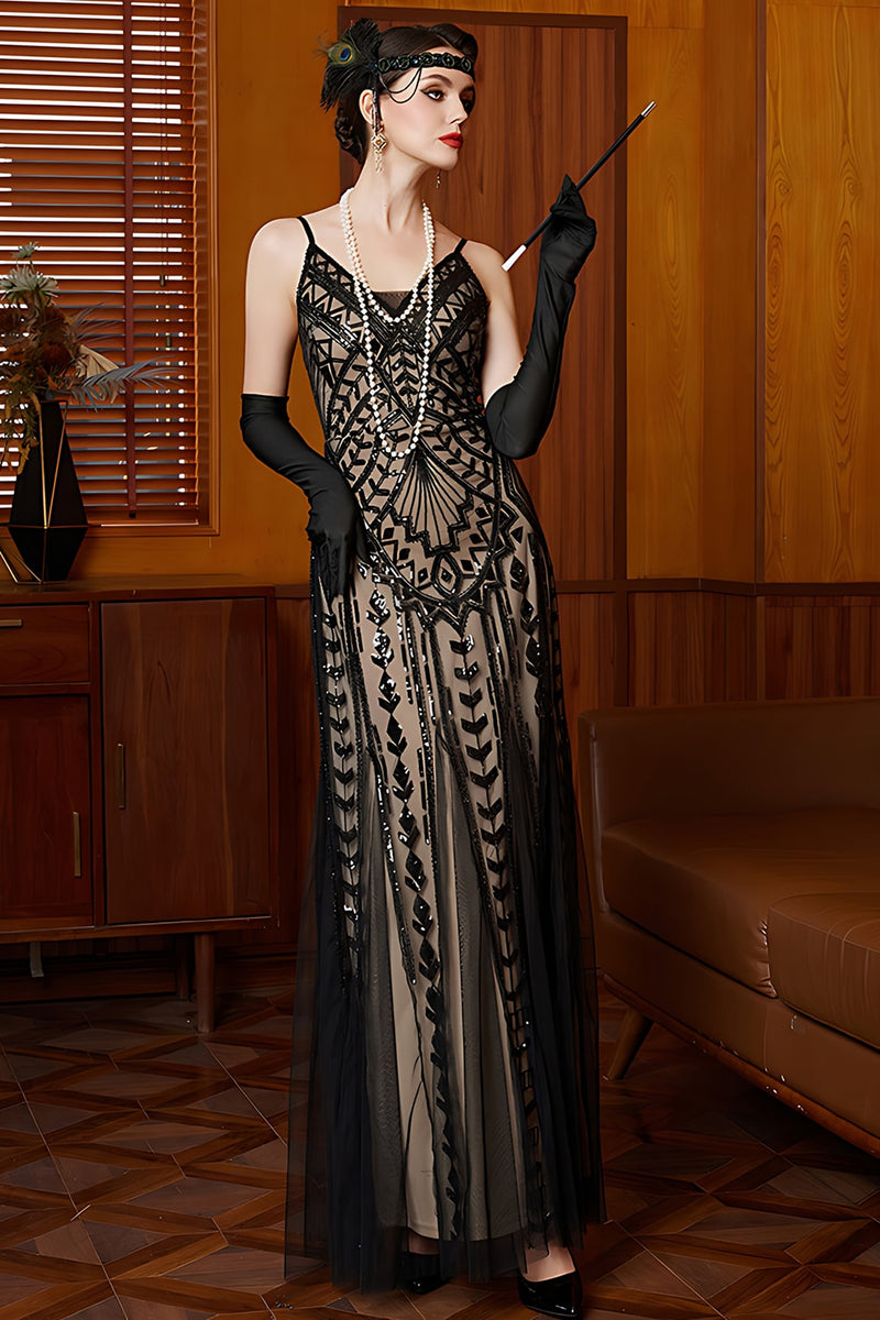Load image into Gallery viewer, Sparkly Black Apricot Spaghetti Straps Mermaid Long Flapper Dress