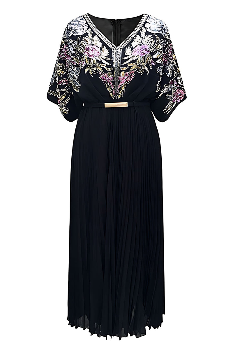 Load image into Gallery viewer, Sparkly Black Pleated V Neck 1920s Flapper Dress with Belt