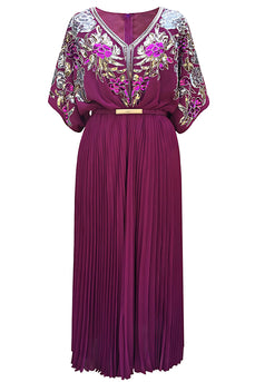 Sparkly Black Pleated V Neck 1920s Flapper Dress with Belt