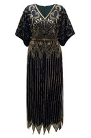 Load image into Gallery viewer, Sparkly Black Golden Sequin V Neck Flapper Dress with Sleeves