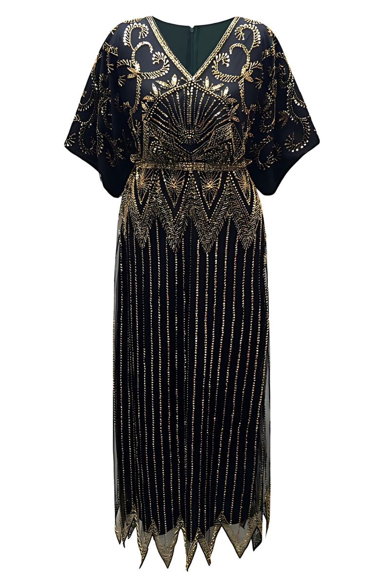 Load image into Gallery viewer, Sparkly Black Golden Sequin V Neck Flapper Dress with Sleeves