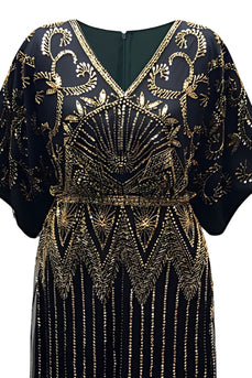 Sparkly Black Golden Sequin V Neck Flapper Dress with Sleeves