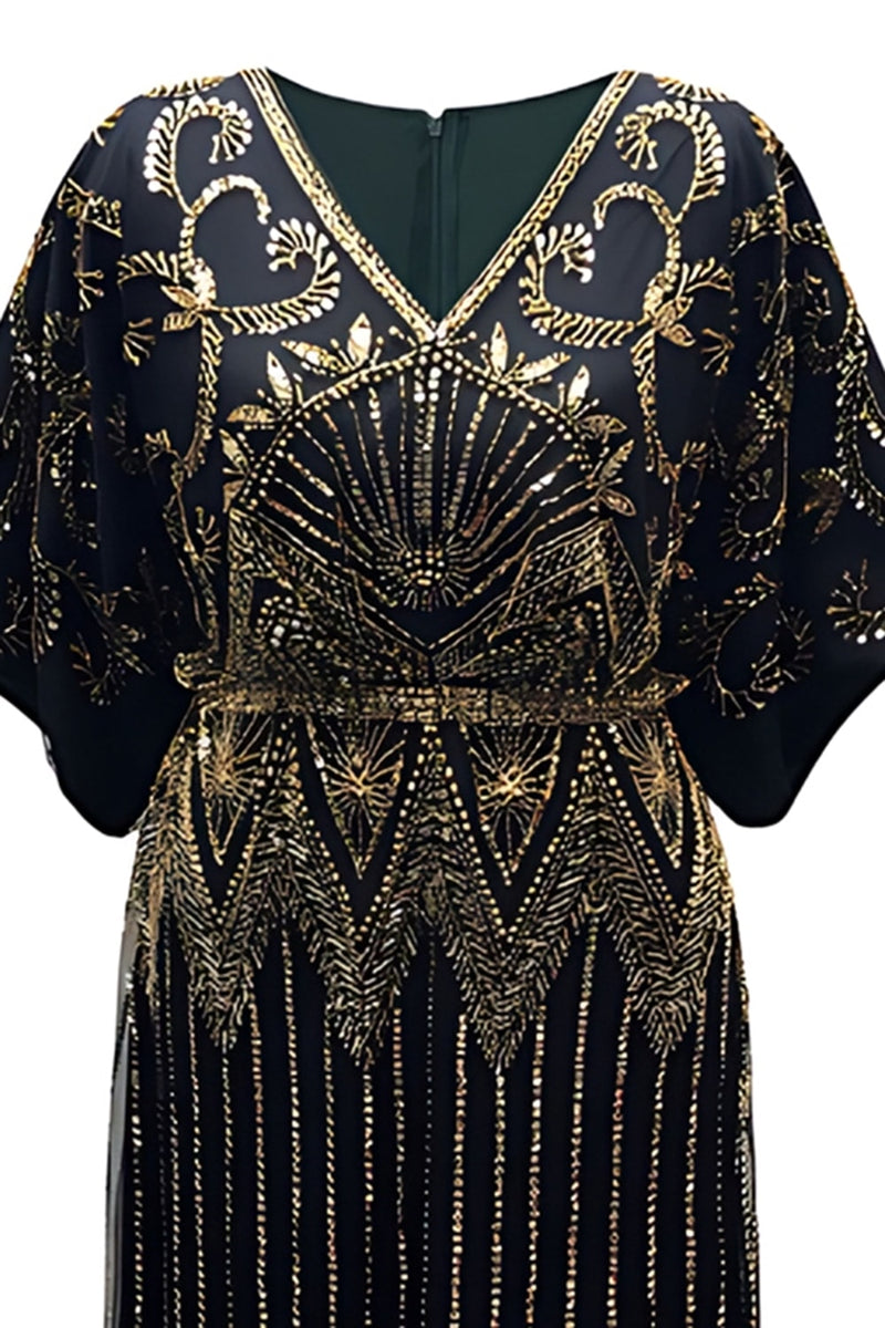 Load image into Gallery viewer, Sparkly Black Golden Sequin V Neck Flapper Dress with Sleeves