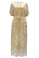 Load image into Gallery viewer, Sparkly Apricot Round Neck Long 1920s Flapper Dress with Cape