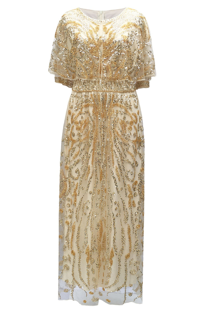 Load image into Gallery viewer, Sparkly Apricot Round Neck Long 1920s Flapper Dress with Cape