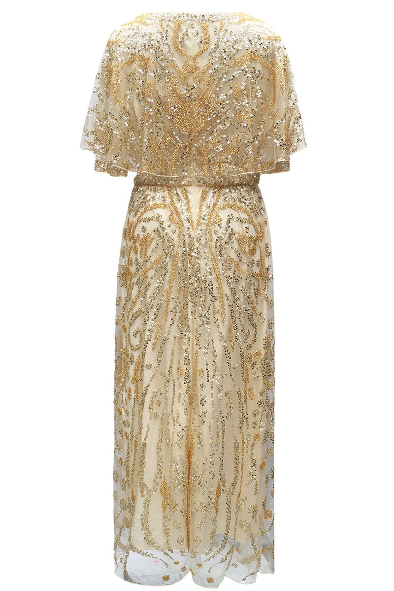 Load image into Gallery viewer, Sparkly Apricot Round Neck Long 1920s Flapper Dress with Cape