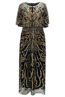 Load image into Gallery viewer, Sparkly Apricot Round Neck Long 1920s Flapper Dress with Cape