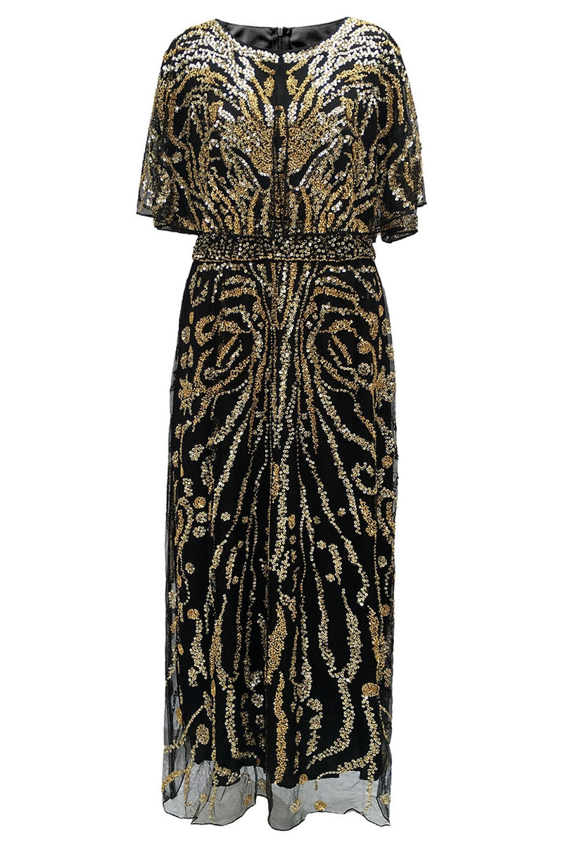Load image into Gallery viewer, Sparkly Apricot Round Neck Long 1920s Flapper Dress with Cape