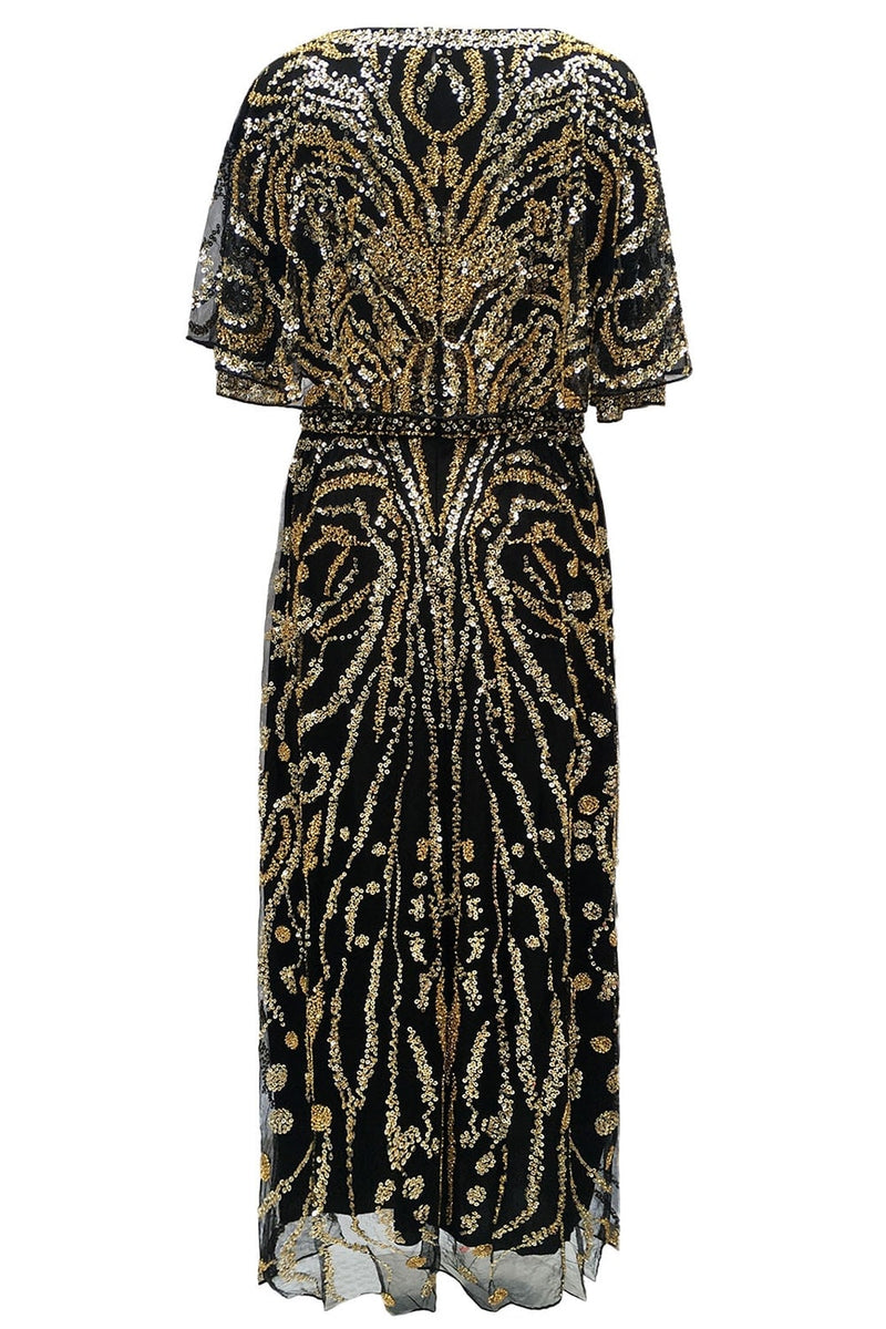 Load image into Gallery viewer, Sparkly Apricot Round Neck Long 1920s Flapper Dress with Cape