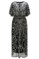 Load image into Gallery viewer, Sparkly Apricot Round Neck Long 1920s Flapper Dress with Cape