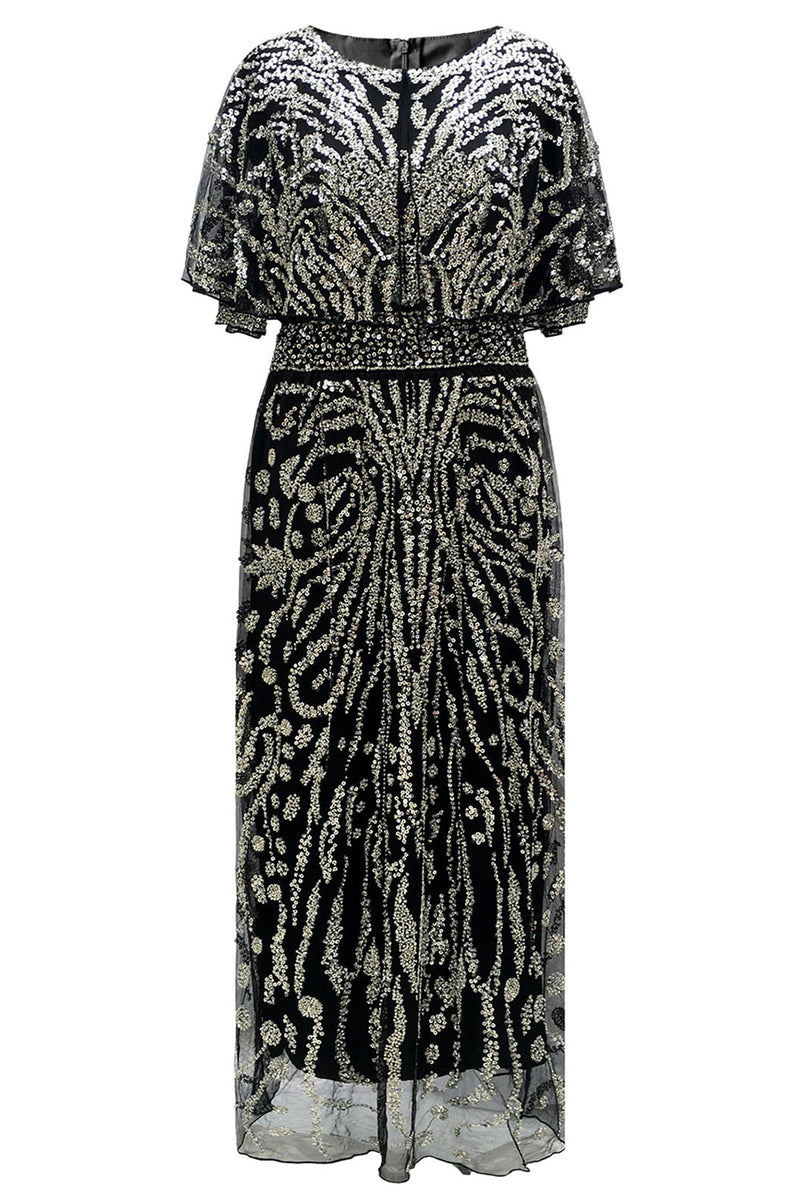 Load image into Gallery viewer, Sparkly Apricot Round Neck Long 1920s Flapper Dress with Cape