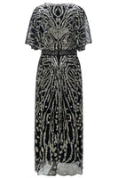 Load image into Gallery viewer, Sparkly Apricot Round Neck Long 1920s Flapper Dress with Cape