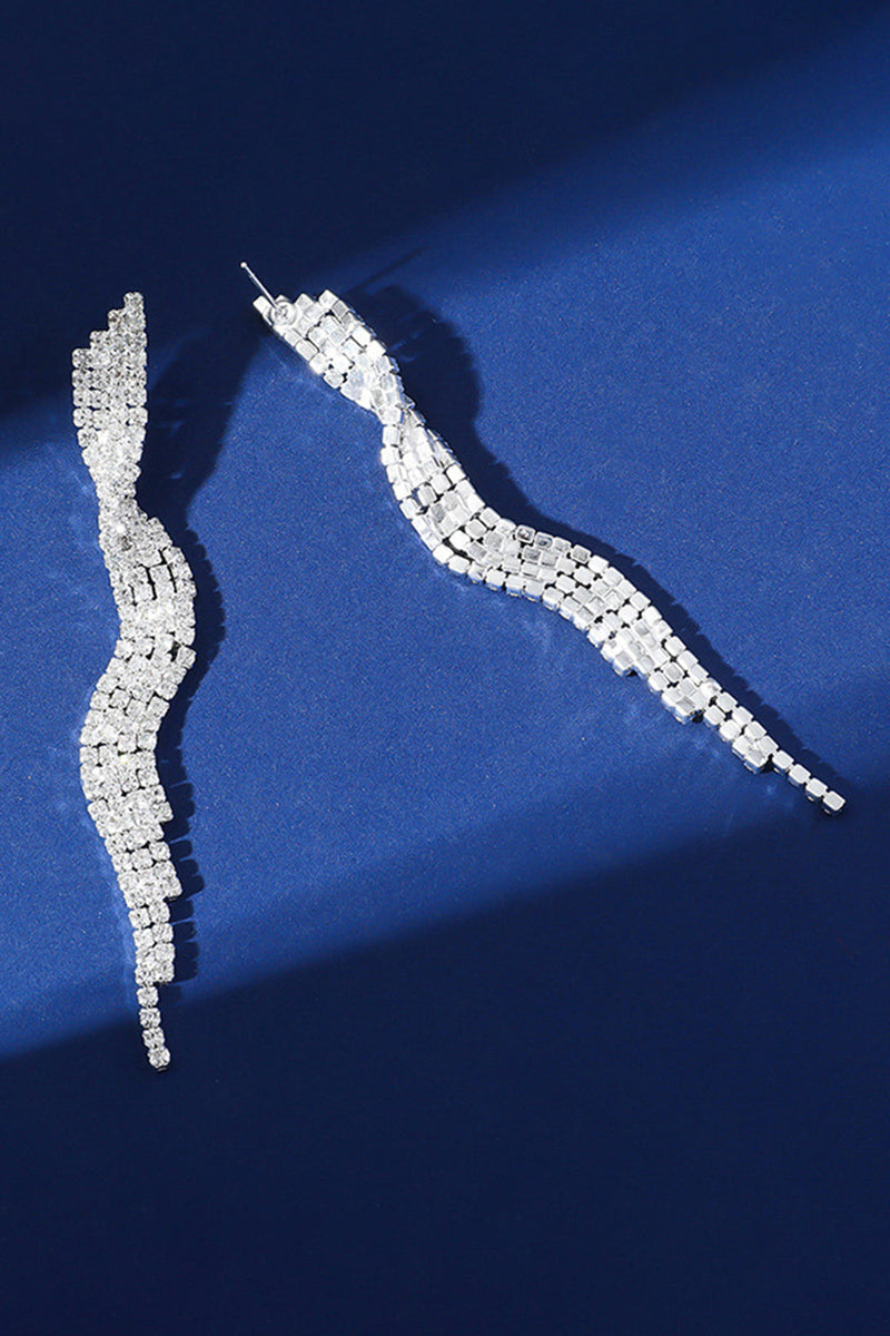 Load image into Gallery viewer, Sparkly Long Wave Shaped Silver Prom Drop Earrings with Rhinestones