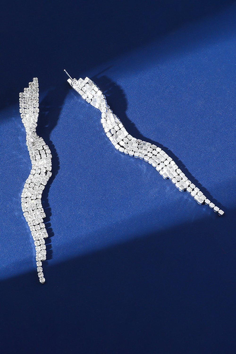 Sparkly Long Wave Shaped Silver Prom Drop Earrings with Rhinestones
