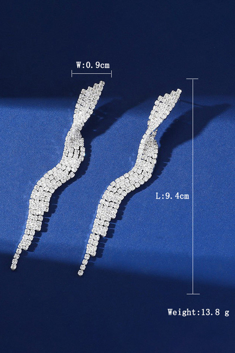 Load image into Gallery viewer, Sparkly Long Wave Shaped Silver Prom Drop Earrings with Rhinestones