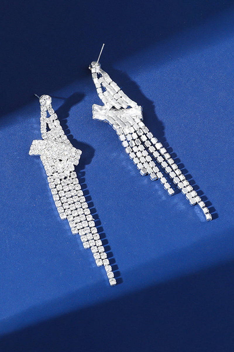 Load image into Gallery viewer, Sparkly Silver Fringed Party Drop Earrings with Rhinestones