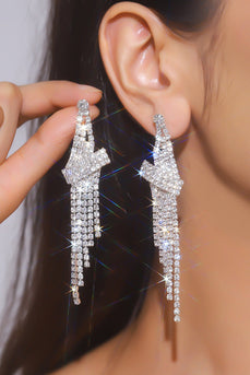 Sparkly Silver Fringed Party Drop Earrings with Rhinestones