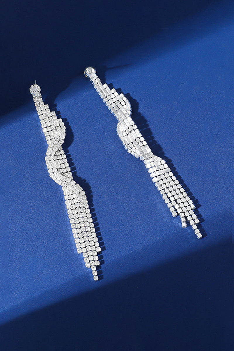 Load image into Gallery viewer, Sparkly Fringed Silver Long Prom Drop Earrings with Rhinestones