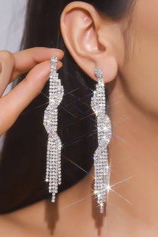 Sparkly Fringed Silver Long Prom Drop Earrings with Rhinestones