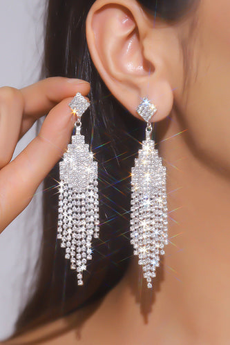 Sparkly Crystal Fringed Silver Party Drop Earrings