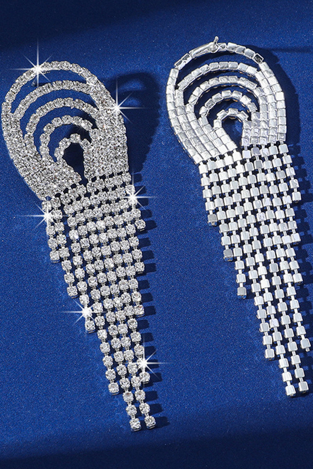 Sparkly Fringed Fashion Silver Party Drop Earrings with Rhinestones