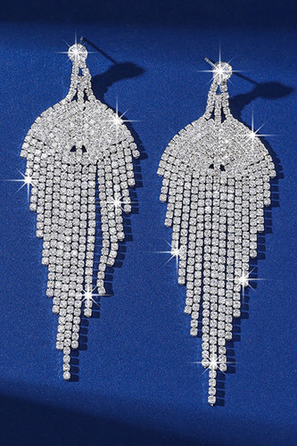 Sparkly Teardrop Fringed Silver Prom Drop Earrings with Rhinestones