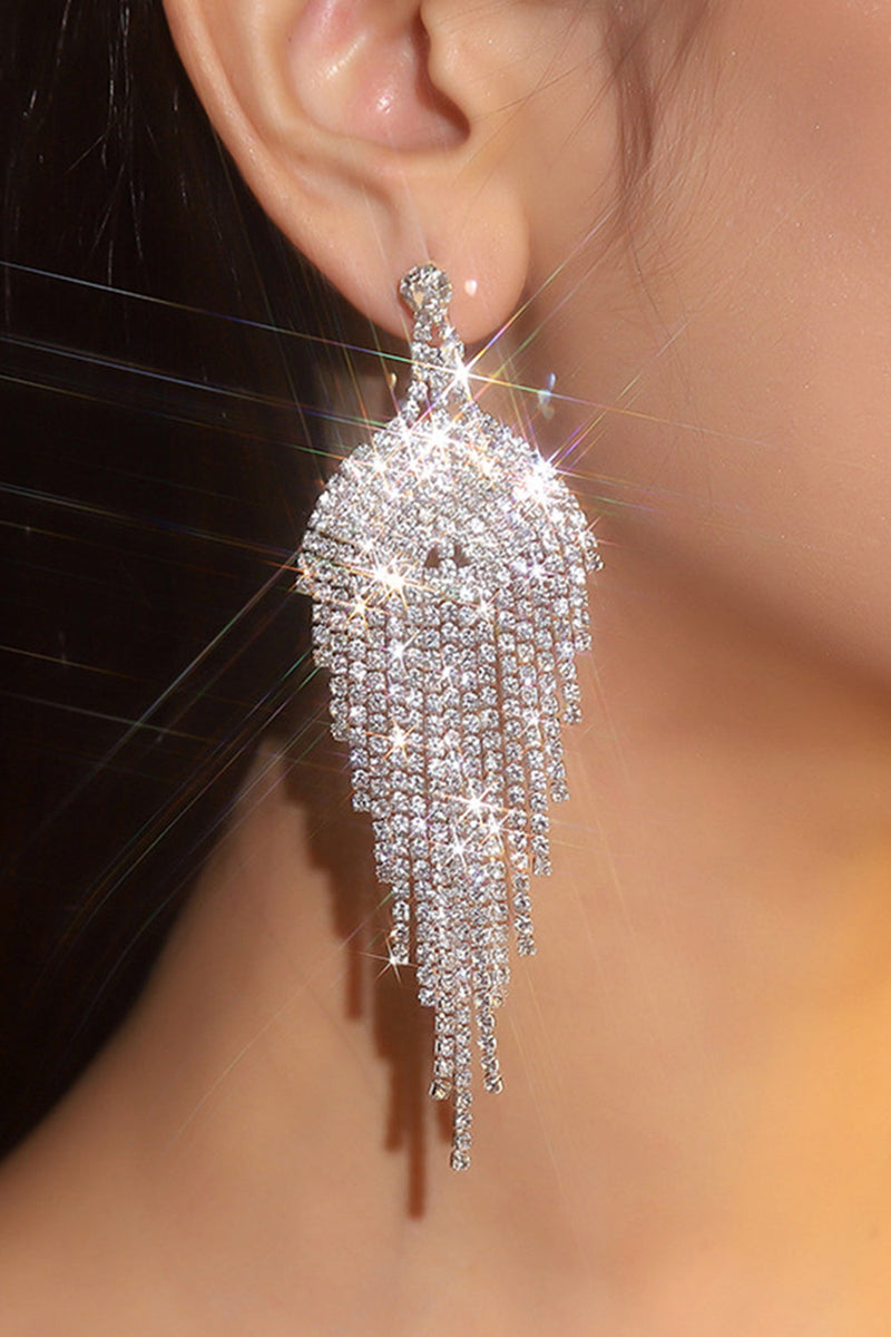 Load image into Gallery viewer, Sparkly Teardrop Fringed Silver Prom Drop Earrings with Rhinestones