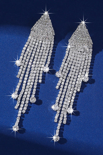 Sparkly Fashion Fringed Silver Prom Drop Earrings with Rhinestones