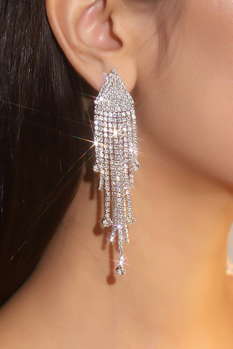 Load image into Gallery viewer, Sparkly Fashion Fringed Silver Prom Drop Earrings with Rhinestones