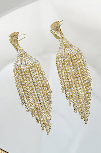 Sparkly Fringed Party Golden Drop Earrings with Rhinestones