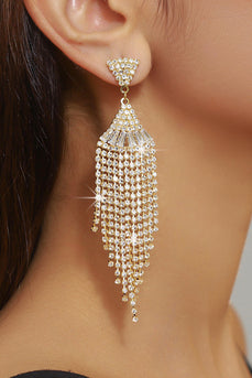 Sparkly Fringed Party Golden Drop Earrings with Rhinestones