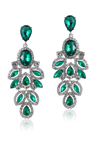 Sparkly Leaf Shaped Dark Green Prom Drop Earrings with Rhinestones