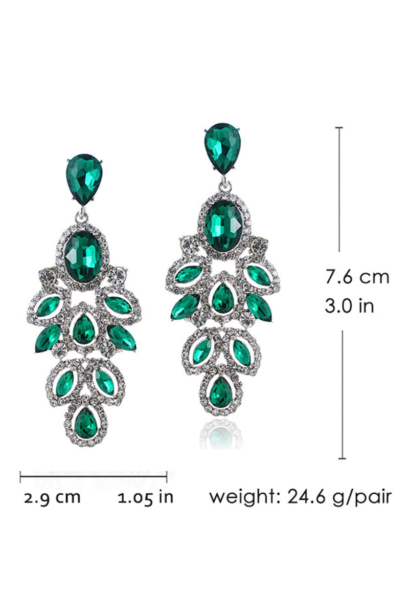 Load image into Gallery viewer, Sparkly Leaf Shaped Dark Green Prom Drop Earrings with Rhinestones