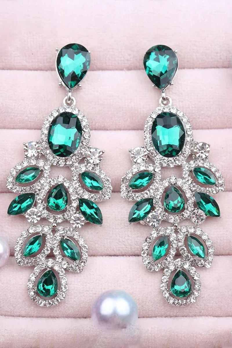 Load image into Gallery viewer, Sparkly Leaf Shaped Dark Green Prom Drop Earrings with Rhinestones