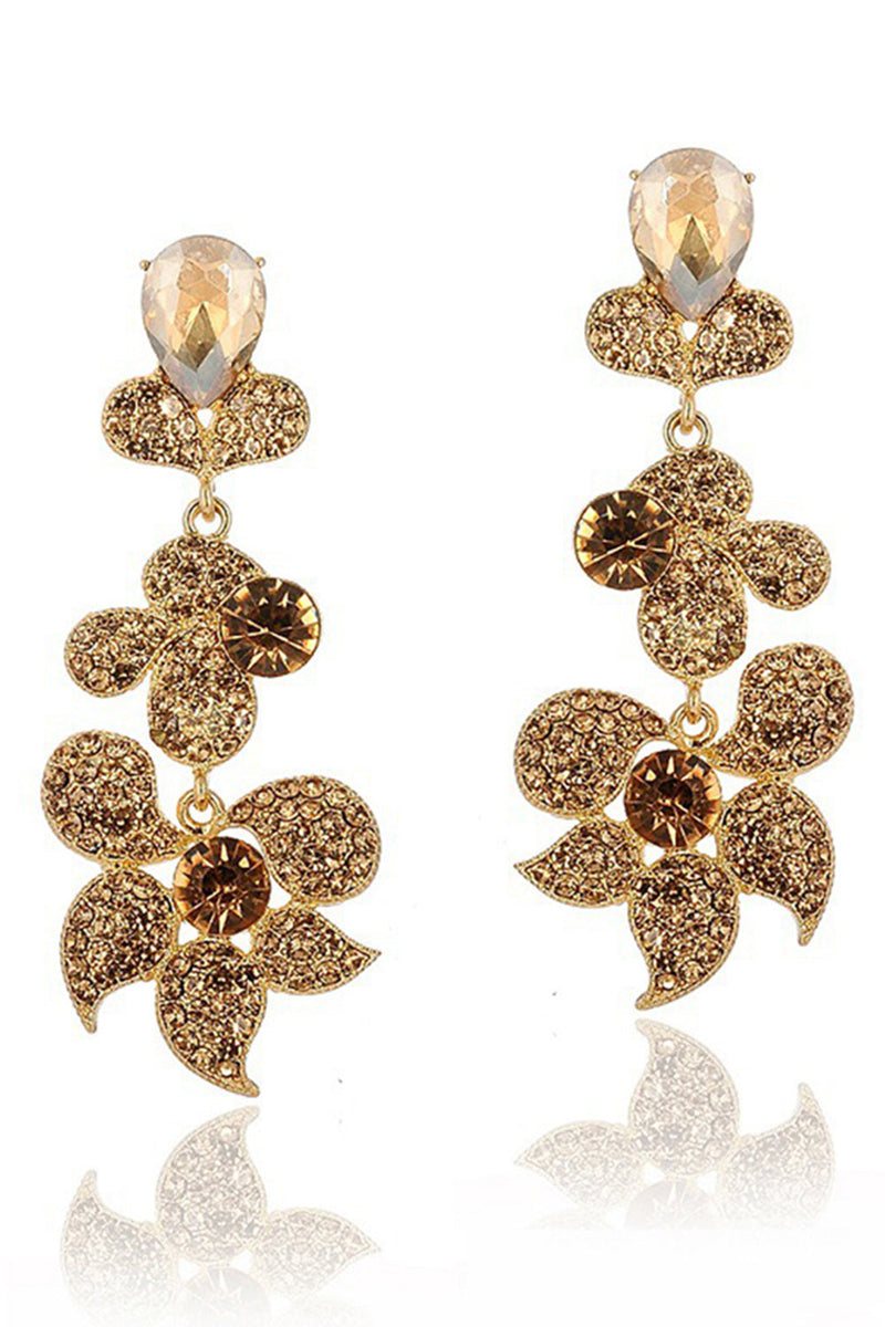 Load image into Gallery viewer, Sparkly Flower Shaped Golden Prom Drop Earrings with Rhinestones