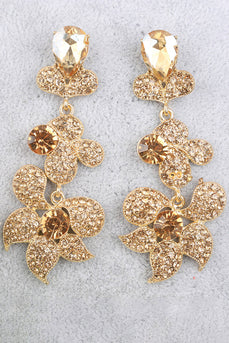 Sparkly Flower Shaped Golden Prom Drop Earrings with Rhinestones