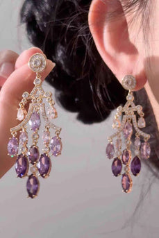Sparkly Leaf Shaped Purple Prom Drop Earrings with Rhinestones