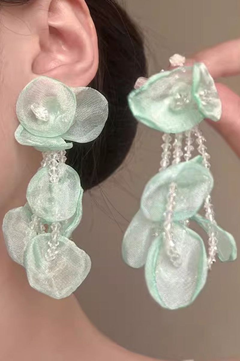 Load image into Gallery viewer, Sparkly Petal Layered Light Green Prom Dropping Earrings with Beading