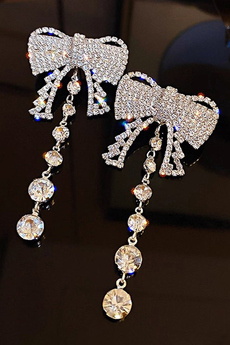Load image into Gallery viewer, Sparkly Silver Prom Drop Earrings with Bow