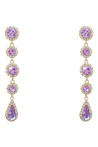 Purple Sparkly Long Prom Drop Earrings with Rhinestones