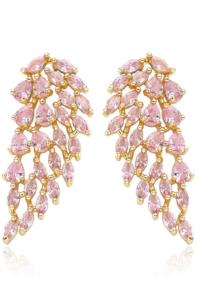 Sparkly Leaf Shaped Pink Prom Drop Earrings with Rhinestones