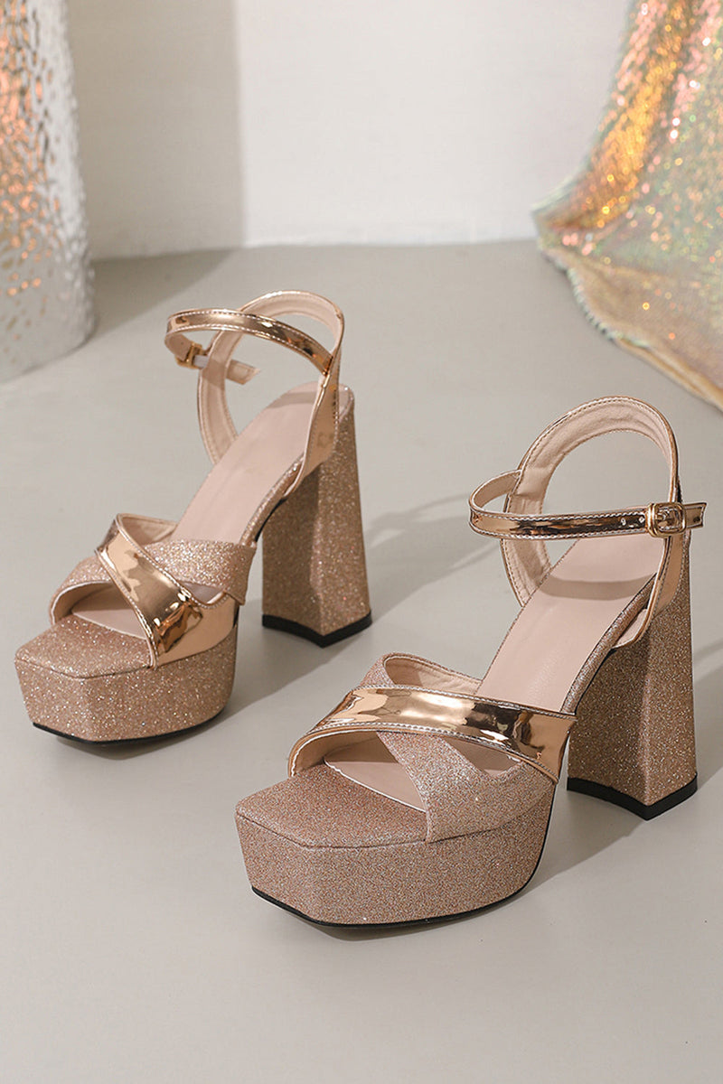 Load image into Gallery viewer, Rose Golden Open Toe Chunky Prom High Heels