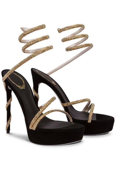 Sparkly Black Strappy Golden Prom High Heels with Rhinestones
