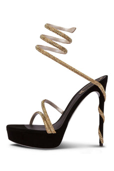 Sparkly Black Strappy Golden Prom High Heels with Rhinestones