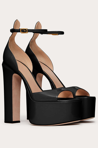 Black Chunky Open Toe Prom High Heels