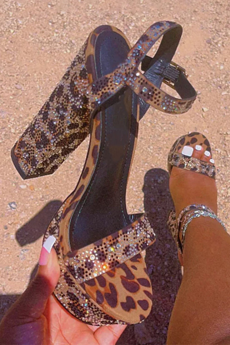 Load image into Gallery viewer, Sparkly Leopard Coffee Print Chunky Prom High Heels